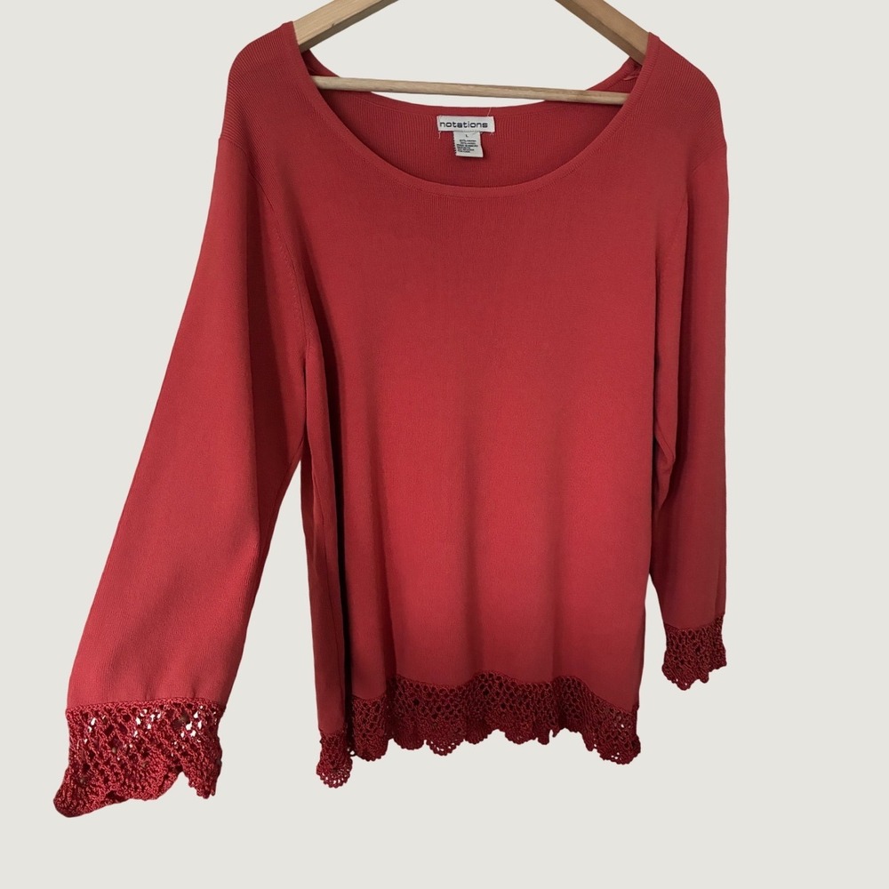 Notations VTG Orange Crochet Lace Trim Scoop Neck Long Sleeve Knit Sweater Large